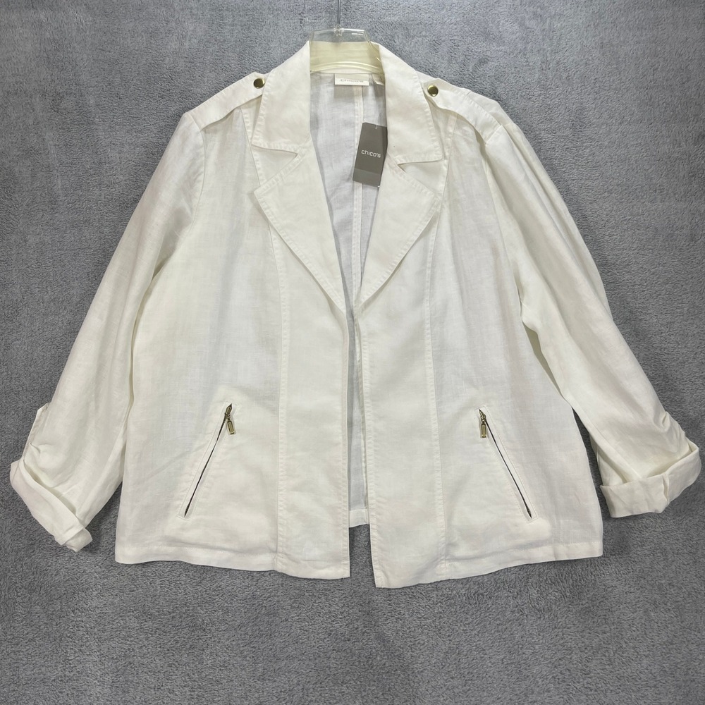 Chico's Moto Jacket Women 3 Optic White Linen Solid LS Open Front Gold Hardware